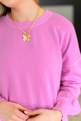 Talk Cozy to Me Stepped Hem Pullover in Bright Mauve