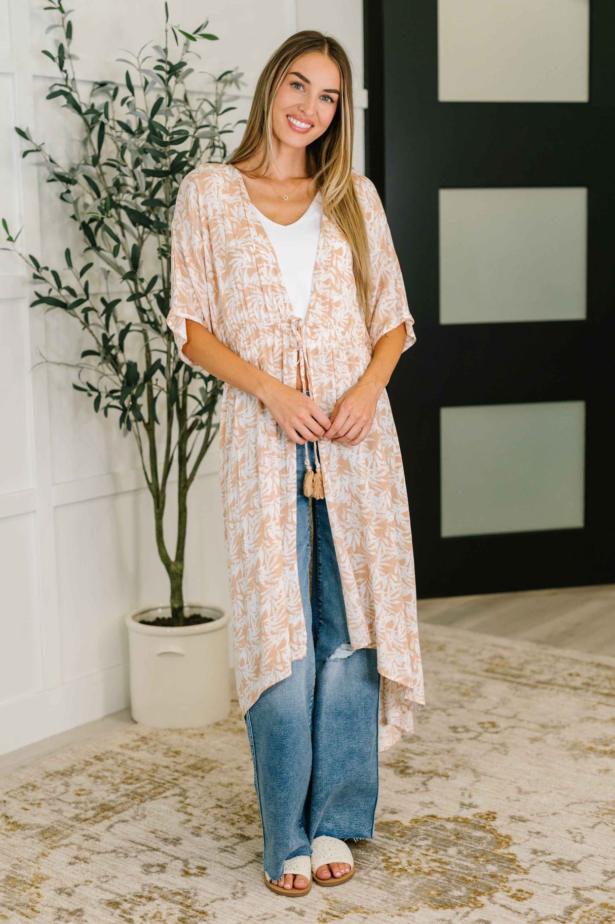 Tropical Print Gauze Kimono with Elastic Waist Tie in Milk Tea