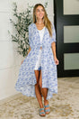 Tropical Print Gauze Kimono with Elastic Waist Tie in Periwinkle