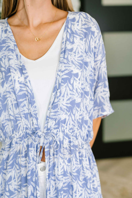 Tropical Print Gauze Kimono with Elastic Waist Tie in Periwinkle