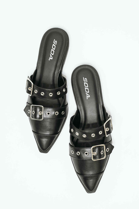 Usual Pointy Toe Double Buckle Flat in Black