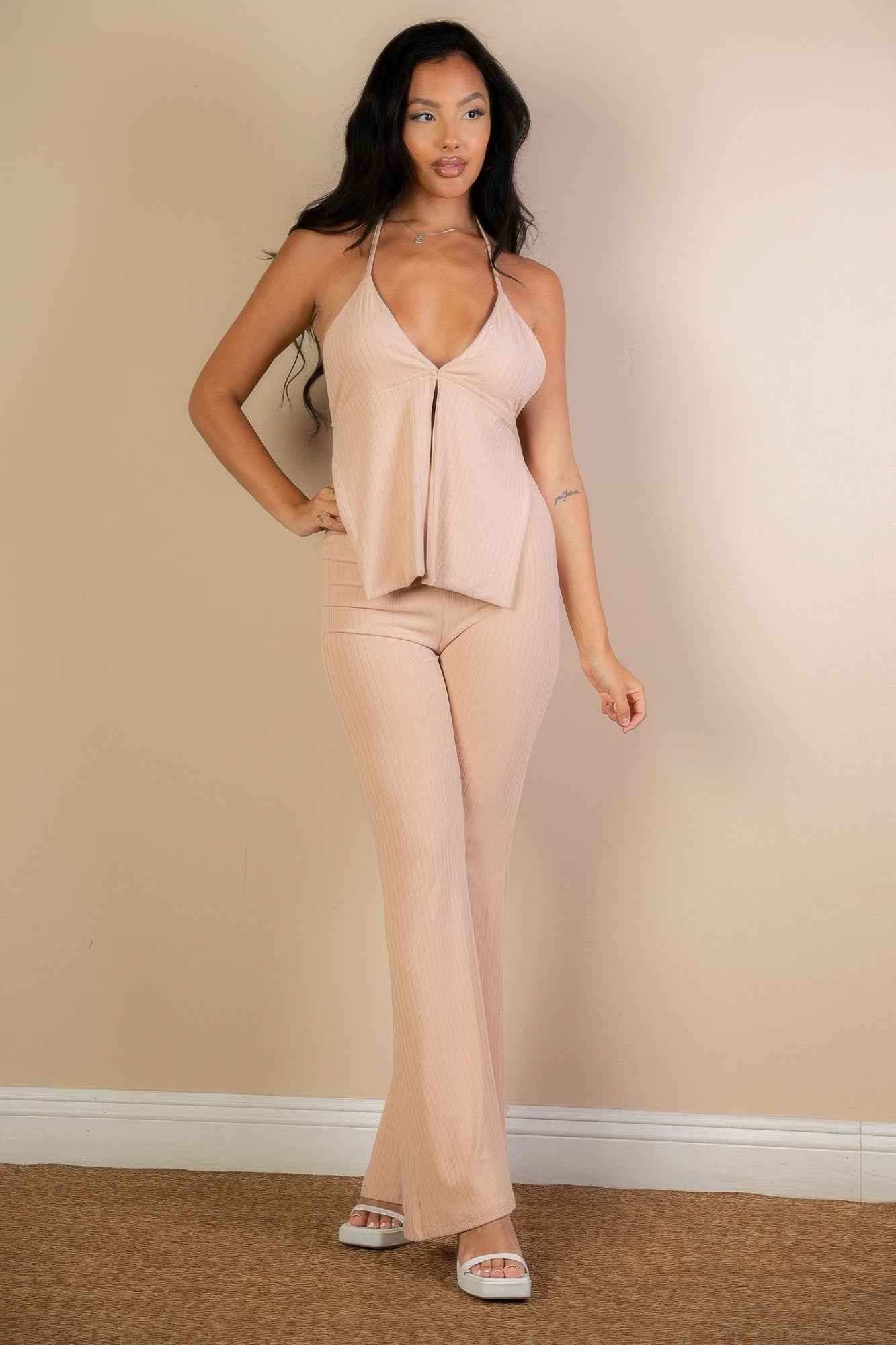 Split Front Backless Halter Top & Flare Pants Set