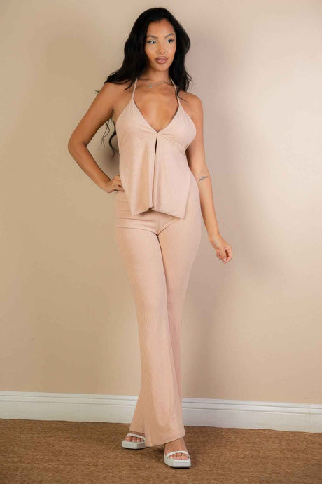 Split Front Backless Halter Top & Flare Pants Set
