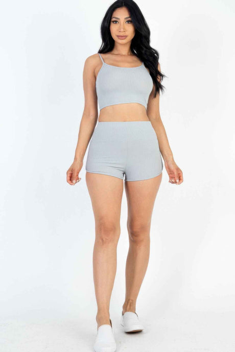 Ribbed Cami Crop Top & Ruched Shorts Set