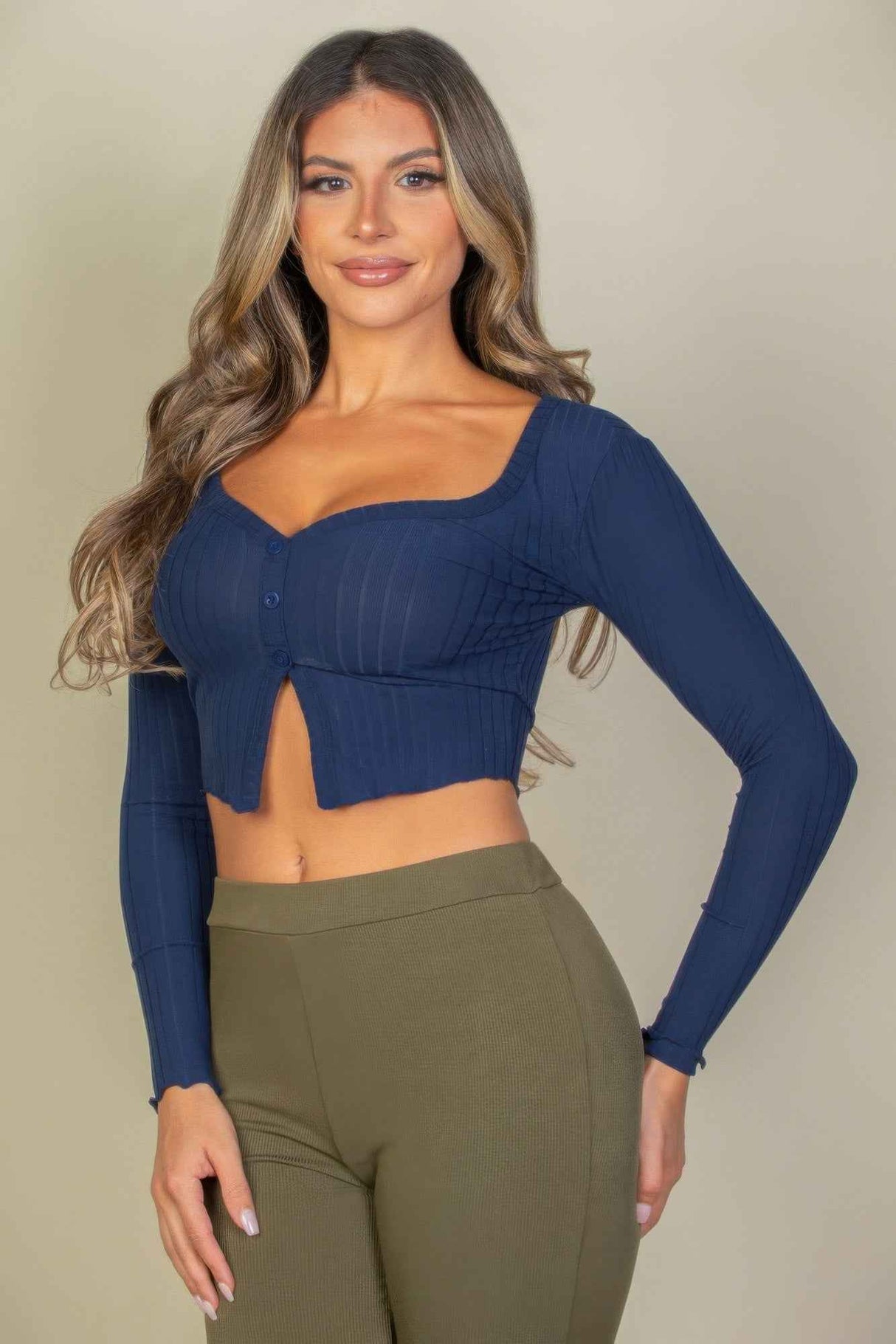 Ribbed Button Front Split Long Sleeve Top