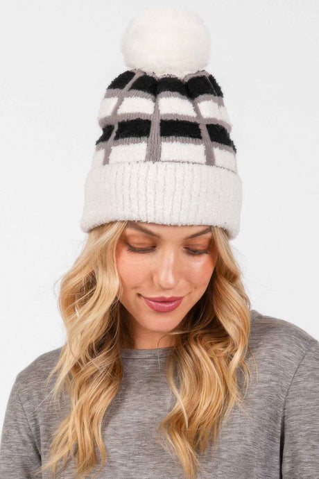 Cozy Color Blocked Pom Pom Beanie
