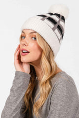 Cozy Color Blocked Pom Pom Beanie