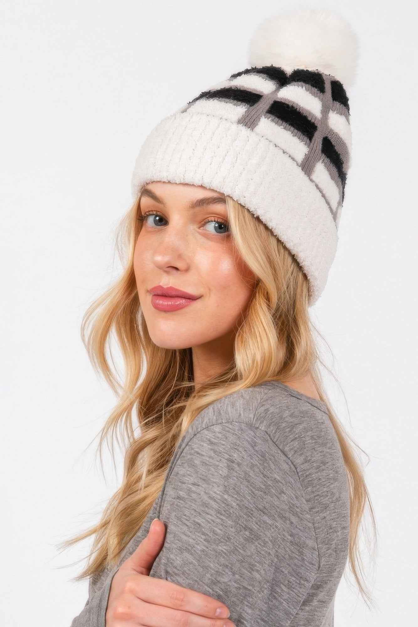 Cozy Color Blocked Pom Pom Beanie