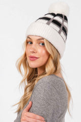 Cozy Color Blocked Pom Pom Beanie