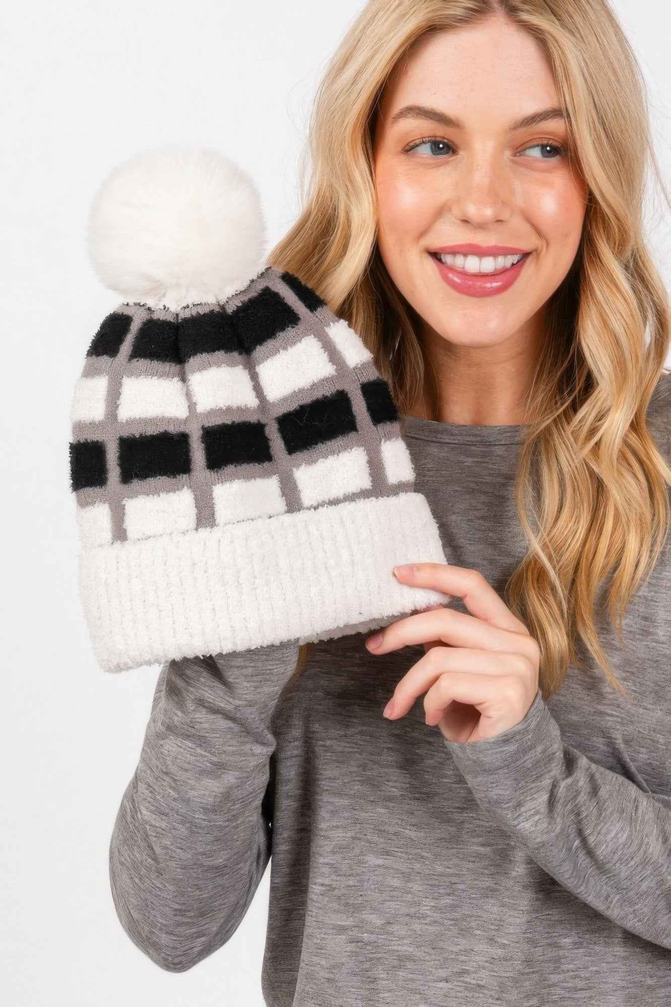 Cozy Color Blocked Pom Pom Beanie