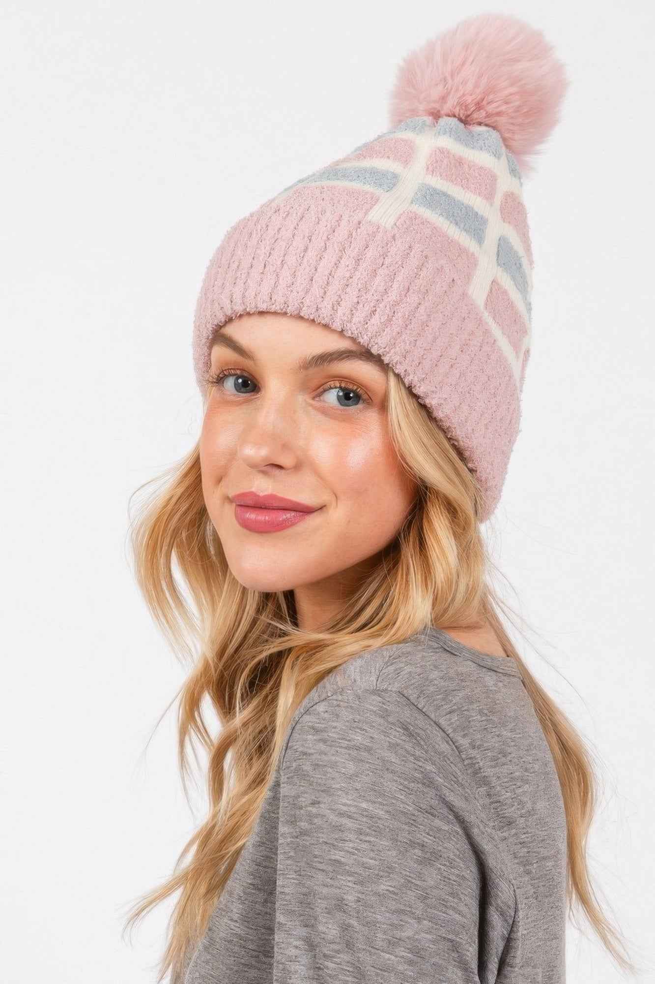 Cozy Color Blocked Pom Pom Beanie