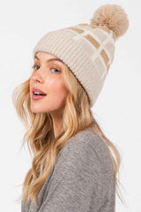 Cozy Color Blocked Pom Pom Beanie