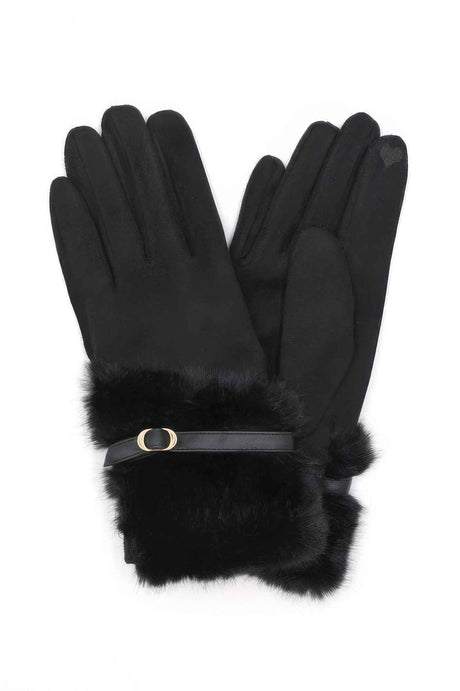 Faux Fur And Strap Cuff Smart Touch Gloves.