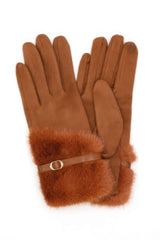 Faux Fur And Strap Cuff Smart Touch Gloves.