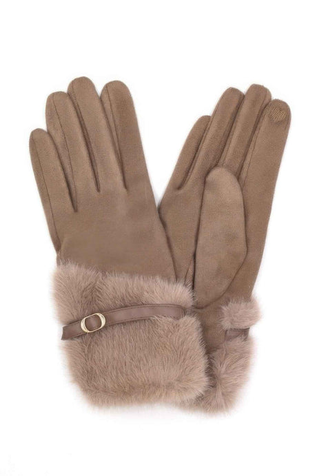 Faux Fur And Strap Cuff Smart Touch Gloves.