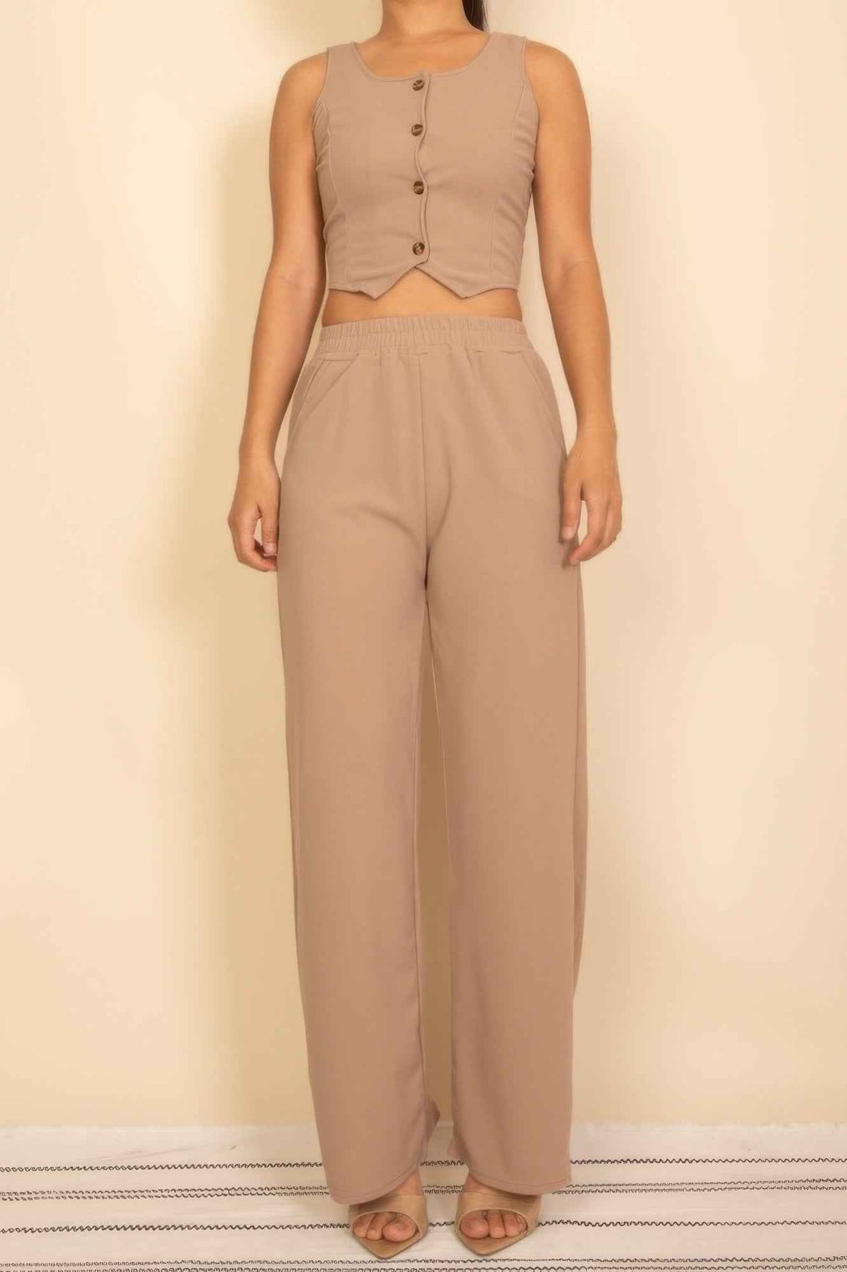 Scoop Neck Button Vest & Wide Leg Pants Set