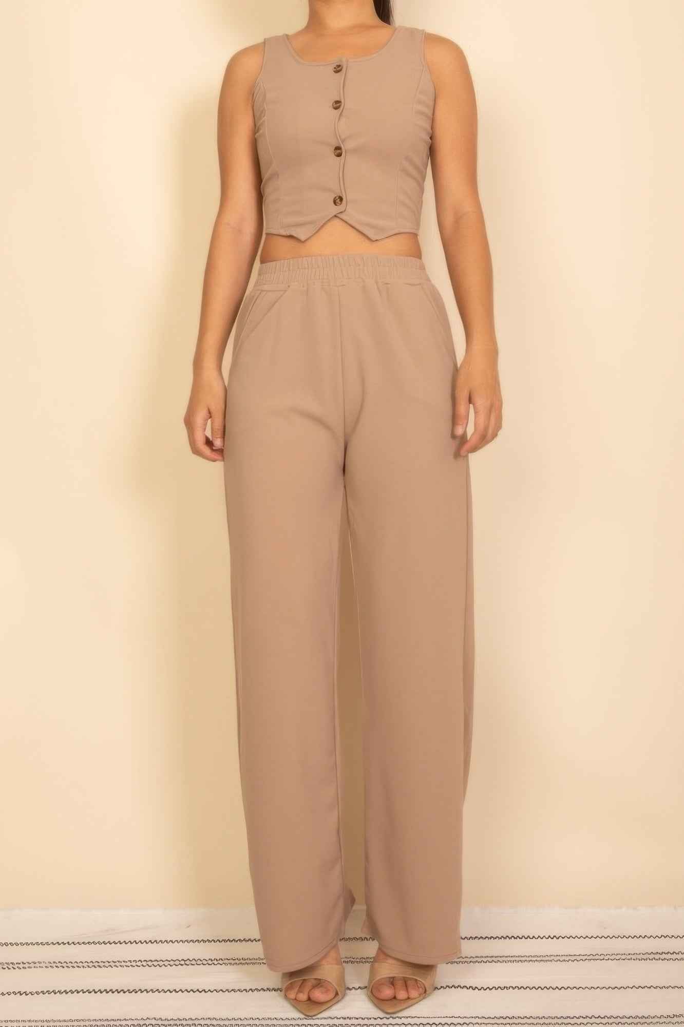 Scoop Neck Button Vest & Wide Leg Pants Set