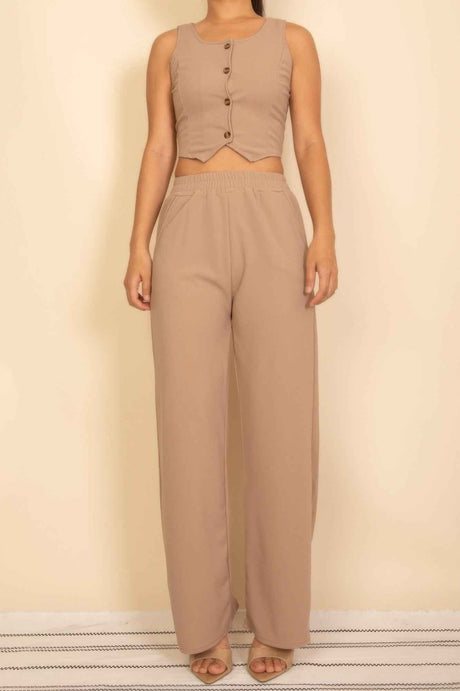 Scoop Neck Button Vest & Wide Leg Pants Set