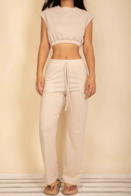 Elastic Hem Crop Top & Wide Leg Pants Set With Faux Drawstring
