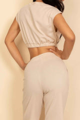 Elastic Hem Crop Top & Wide Leg Pants Set With Faux Drawstring