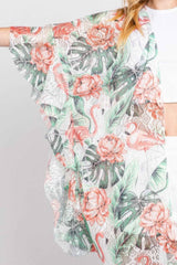Ruffle Lined Tropical Flamingo Print Open Front