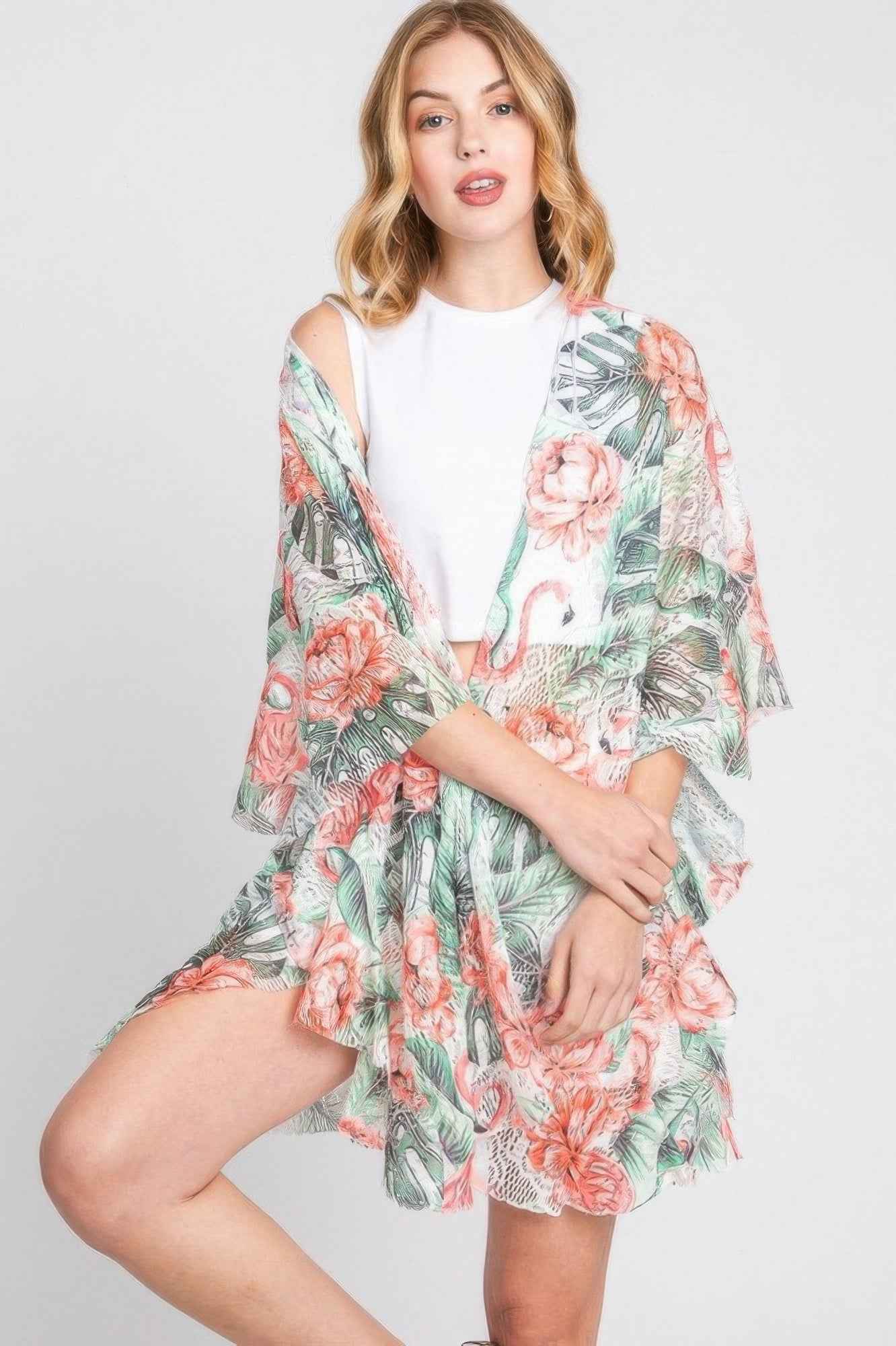 Ruffle Lined Tropical Flamingo Print Open Front