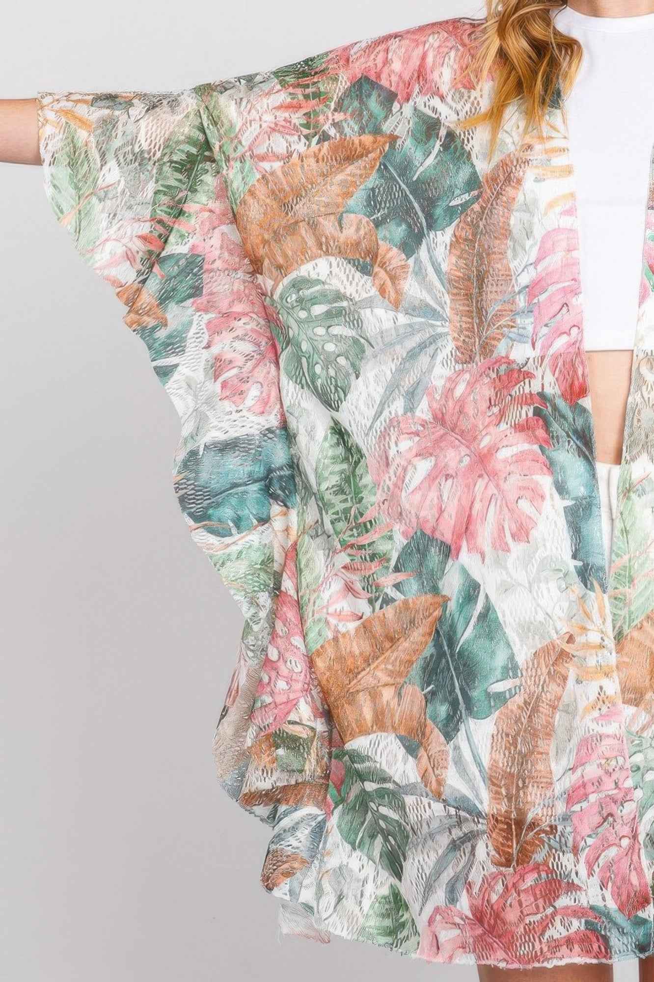 Ruffle Lined Tropical Leaves Print Open Frontcover