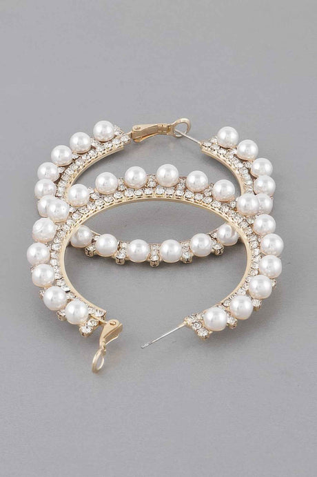 Pearl Lined Rhinestone Hoop Earrings