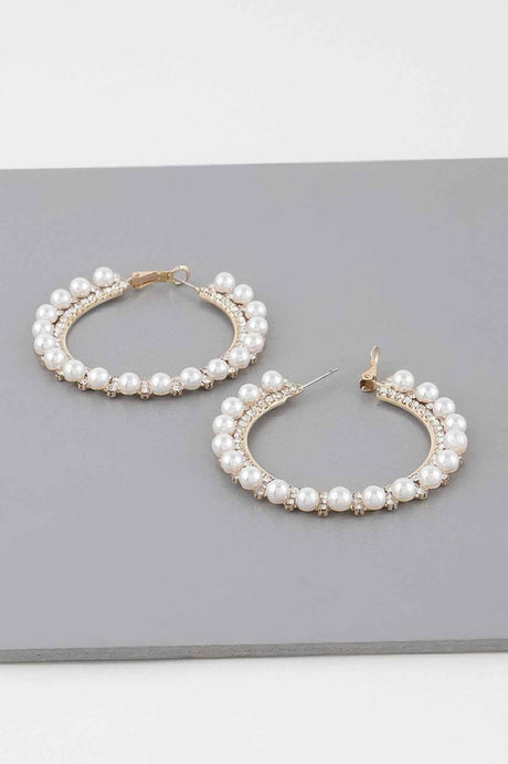 Pearl Lined Rhinestone Hoop Earrings