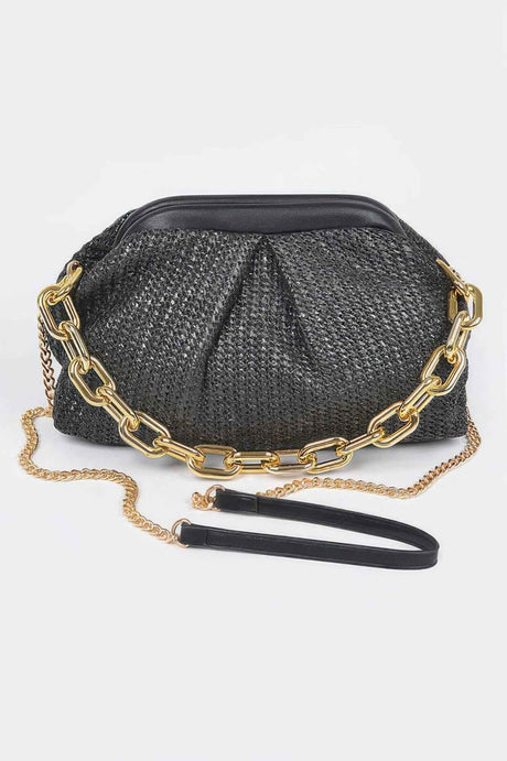 Faux Straw Frame Bag W/link Chain