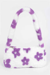 Faux Wool Flower Print Shoulder Bag
