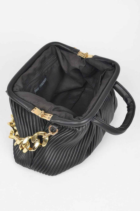 Pleated Faux Leather Top Handle Bag