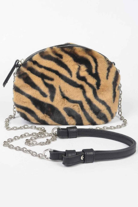 Tiger Print Fur Zip Crossbody Bag