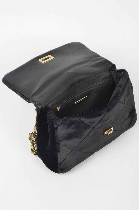 Quilted Fur Chain Flap Clutch
