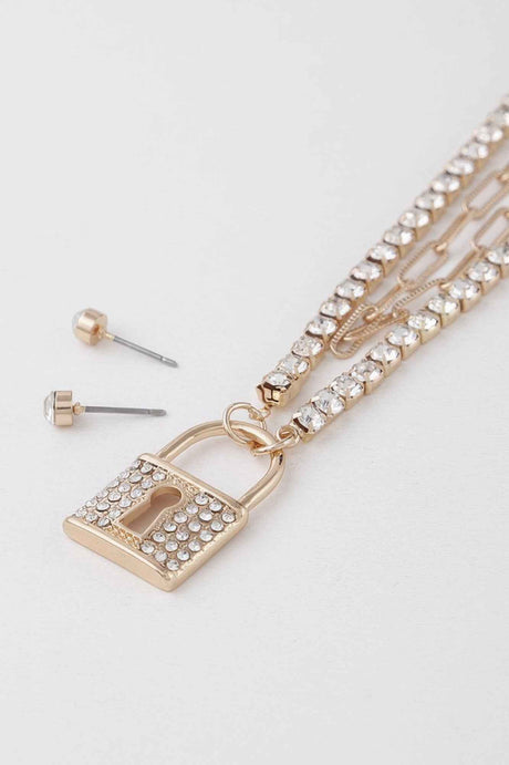 Rhinestone Lined Lock Pendant Necklace