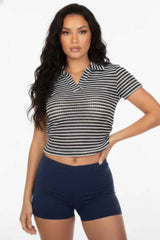 Women's Pineapple Knit Striped Polo Crop Top