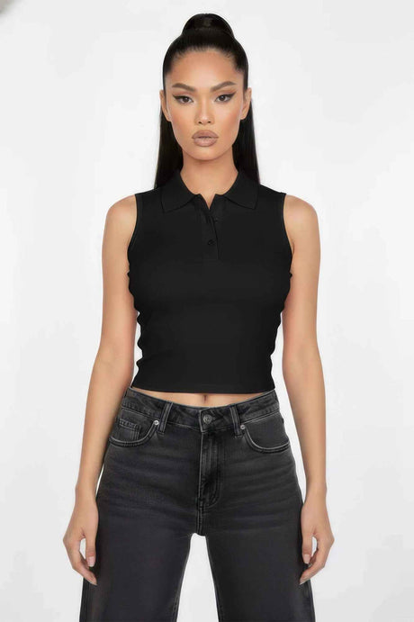 Slim-fit Sleeveless Polo Collar Crop Top