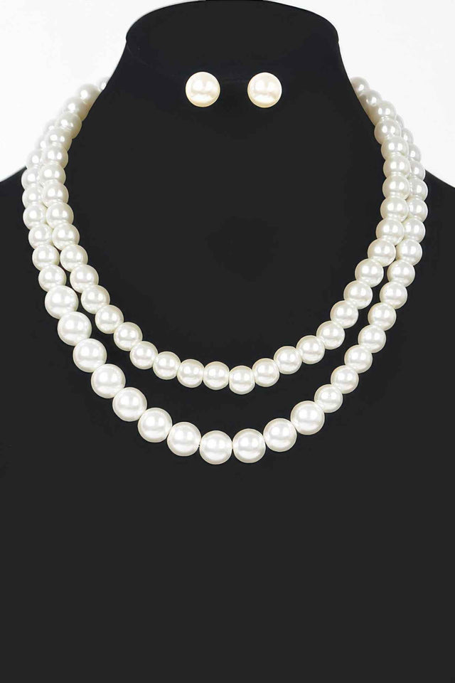 Faux Pearl Double Layered Necklace W/earring