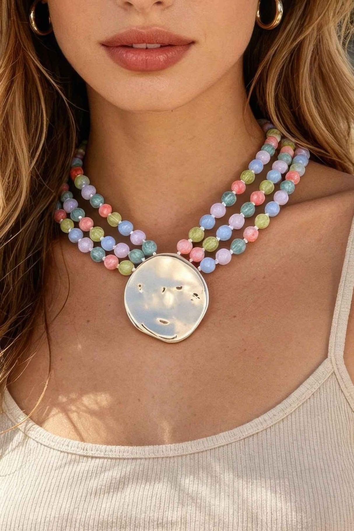 Triple Beaded Disc Statement Necklace