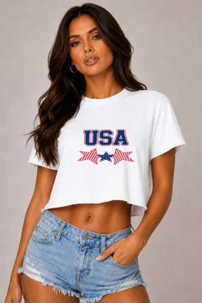 Usa Star Print Cropped Cotton Tshirt