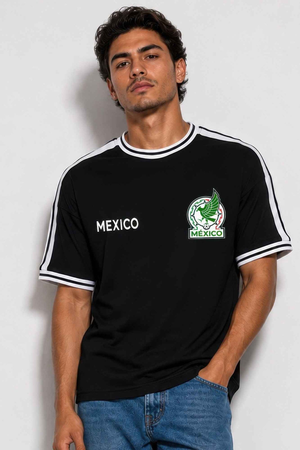 Mens Mexico Print Short Sleeve Striped Tape Tshirt