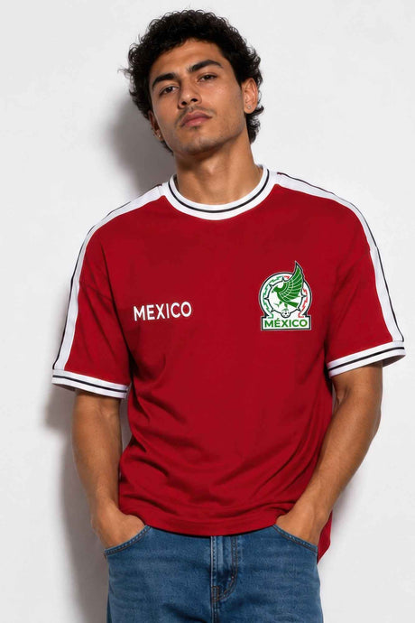 Mens Mexico Print Short Sleeve Striped Tape Tshirt