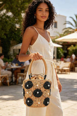 Faux Straw Flower Barrel Clutch