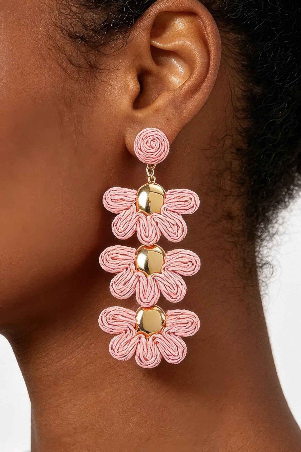 Layered Raffia Flower Drop Earrings