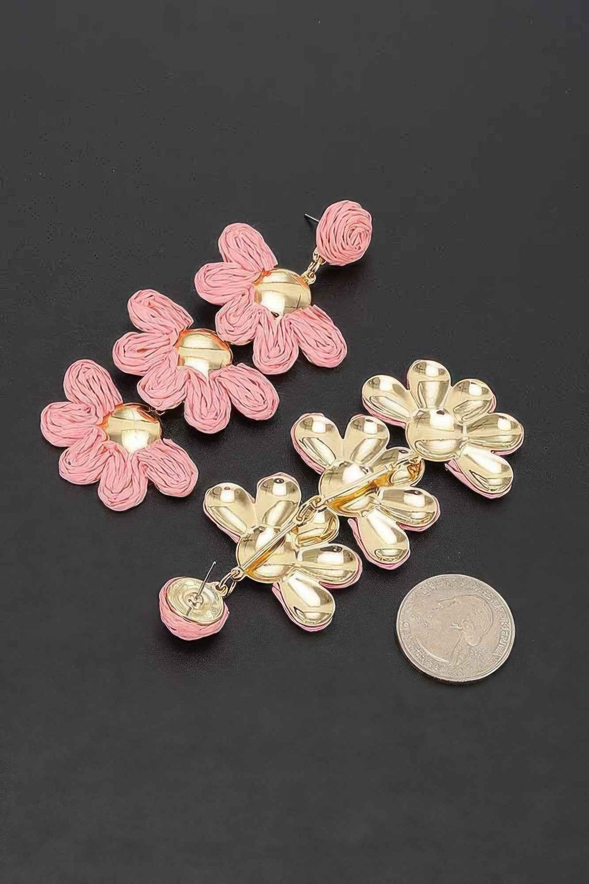 Layered Raffia Flower Drop Earrings