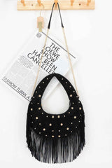 Faux Suede Metal Studded Fringe Hobo Bag