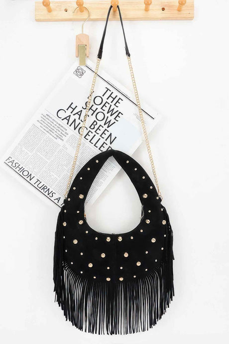 Faux Suede Metal Studded Fringe Hobo Bag
