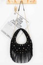 Faux Suede Metal Studded Fringe Hobo Bag