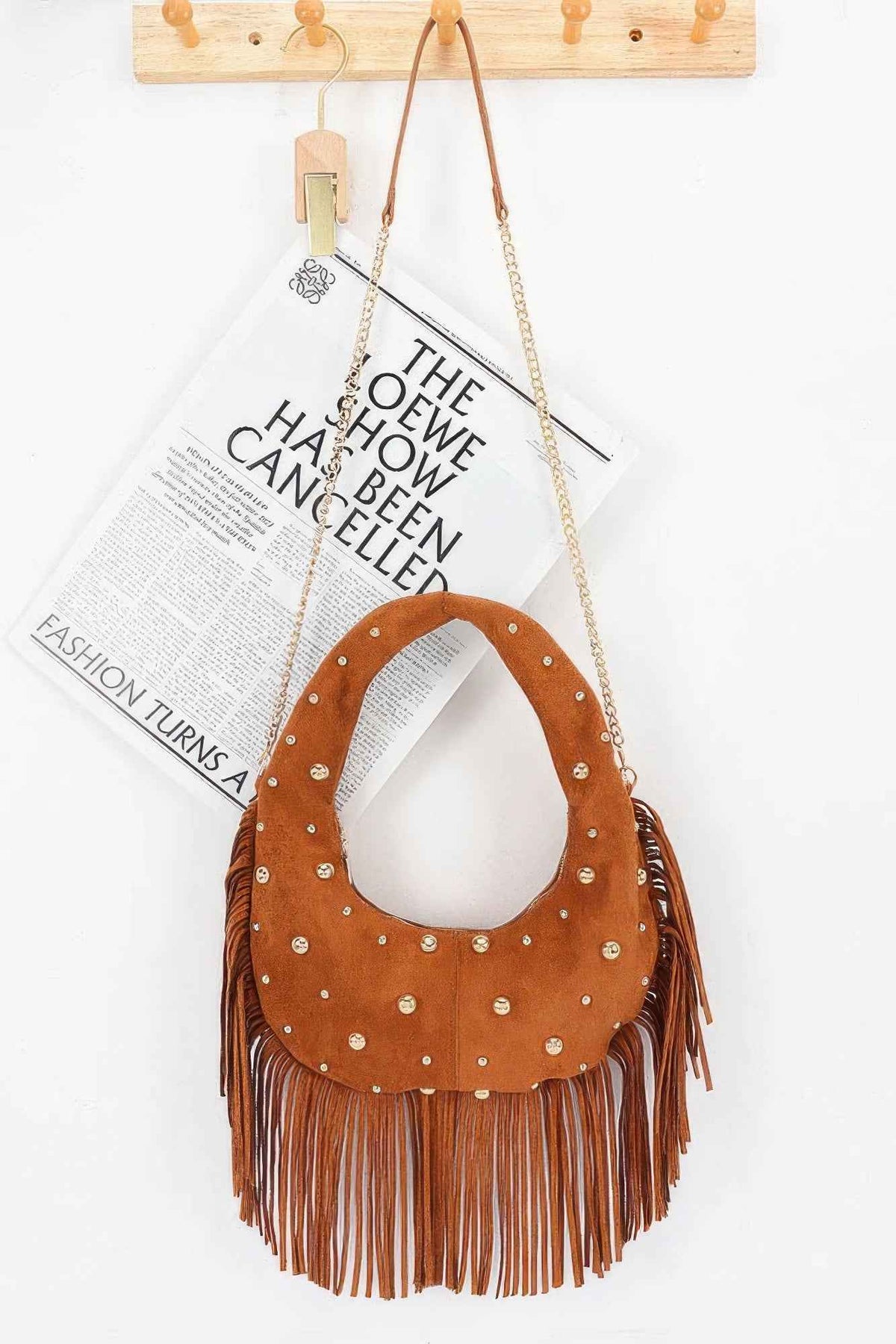 Faux Suede Metal Studded Fringe Hobo Bag