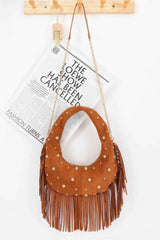 Faux Suede Metal Studded Fringe Hobo Bag
